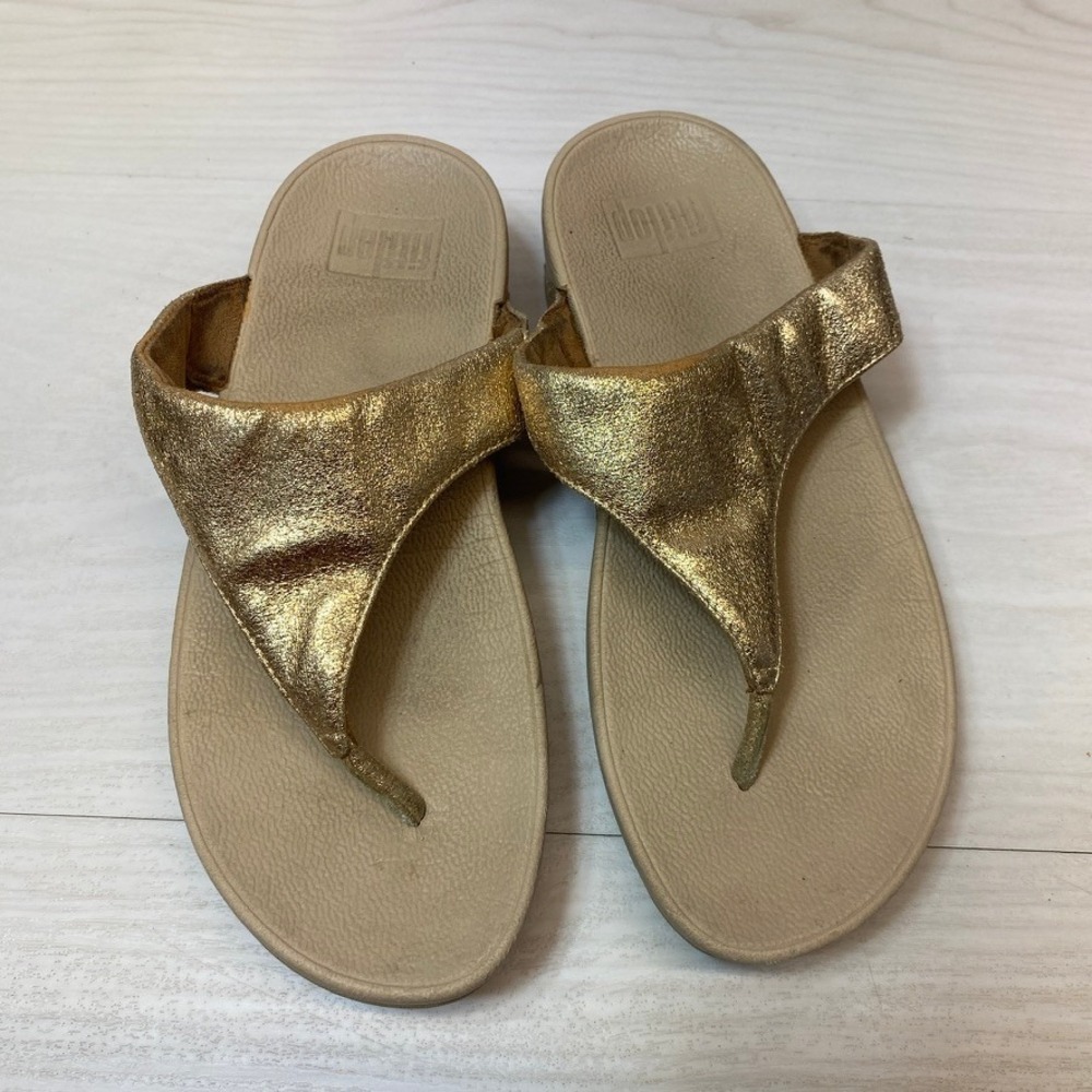 FitFlop‎ Womens 6 Lulu Thong Sandals Rose Gold Metallic Leather Wedge V64-323